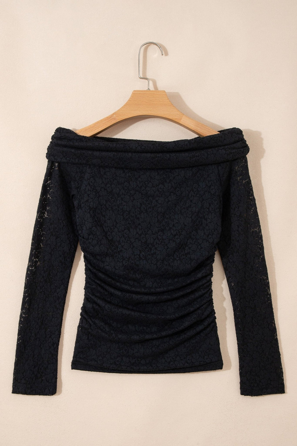 Black Floral Lace Off - shoulder Long Sleeve Slim Top - Crowned Energy CO.