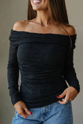 Black Floral Lace Off - shoulder Long Sleeve Slim Top - Crowned Energy CO.