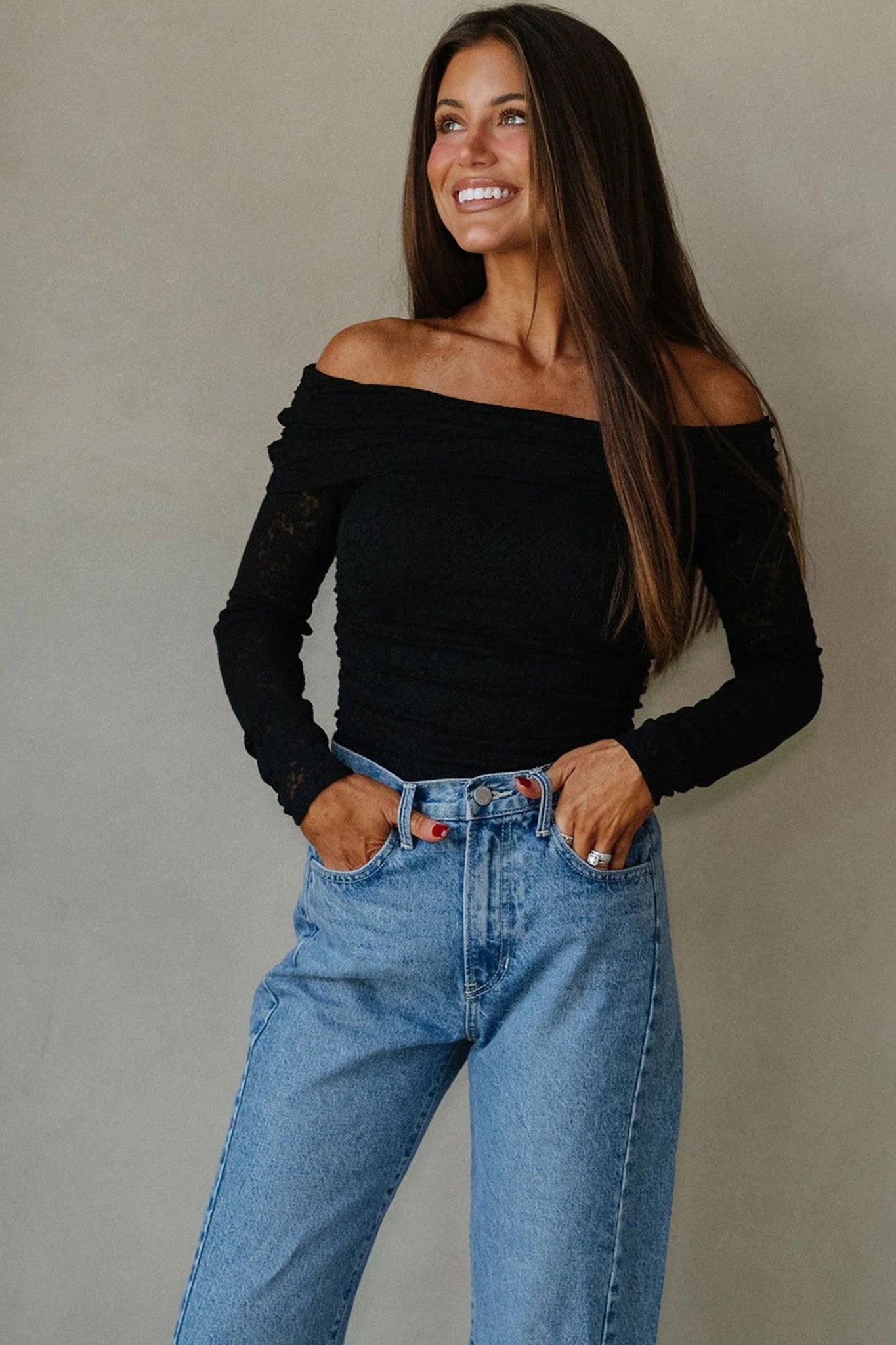 Black Floral Lace Off - shoulder Long Sleeve Slim Top - Crowned Energy CO.