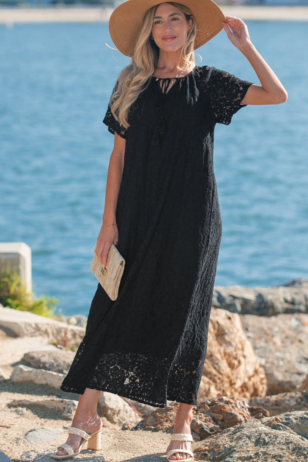 Black Floral Lace Overlay Tassel Tie Short Sleeve Beach Vacation Loose Maxi Dress - Crowned Energy CO.