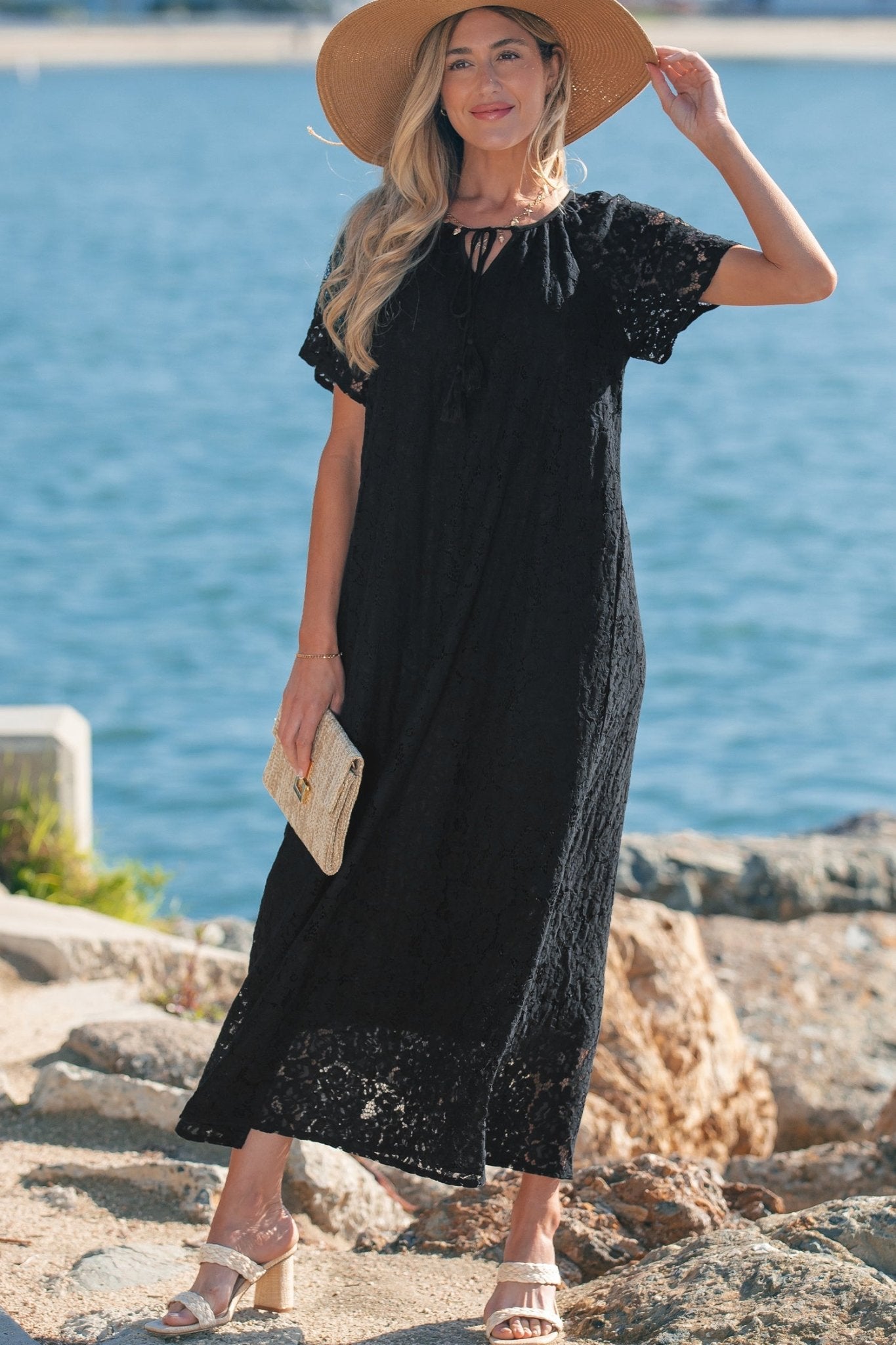 Black Floral Lace Overlay Tassel Tie Short Sleeve Beach Vacation Loose Maxi Dress - Crowned Energy CO.