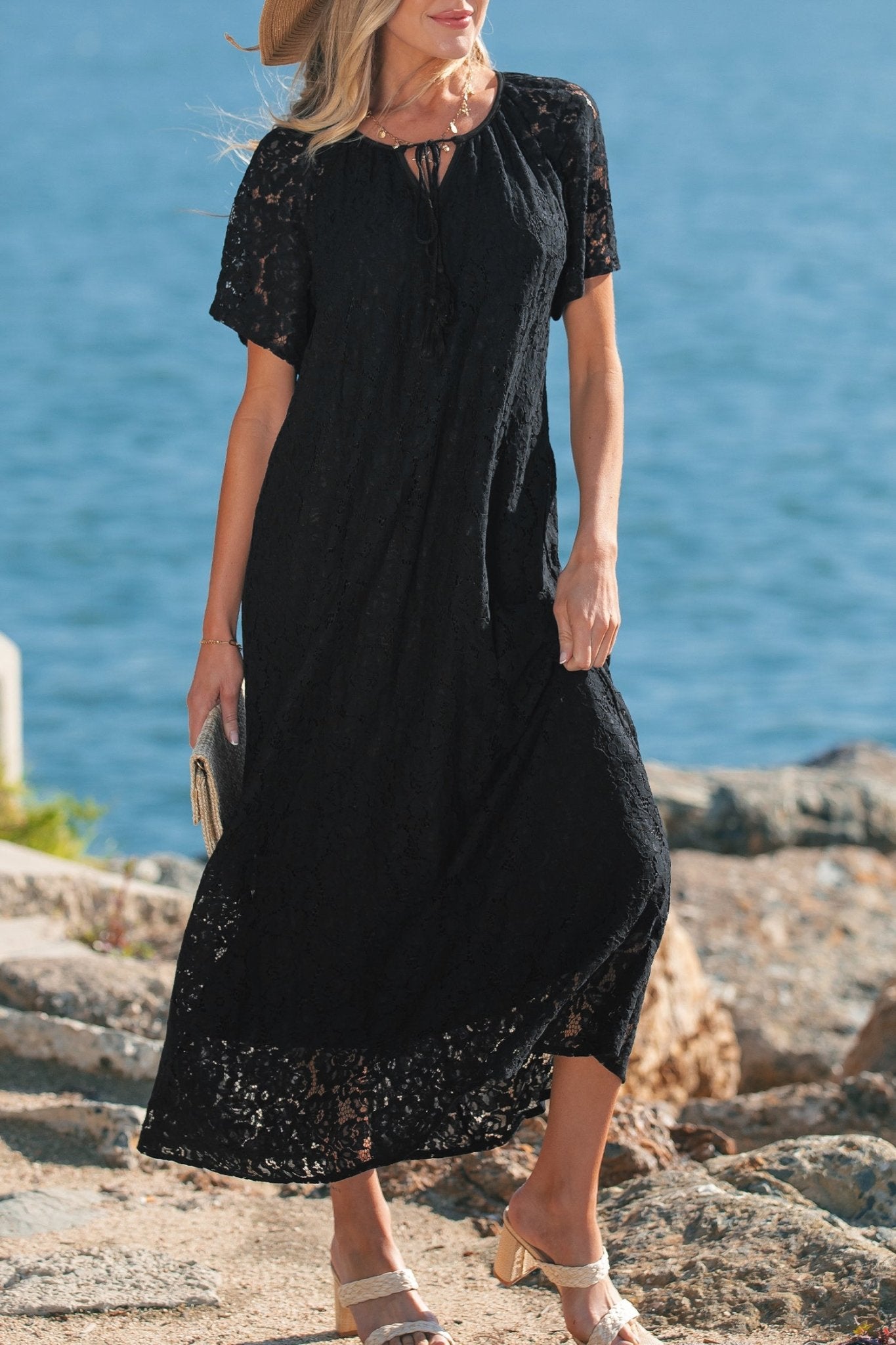 Black Floral Lace Overlay Tassel Tie Short Sleeve Beach Vacation Loose Maxi Dress - Crowned Energy CO.