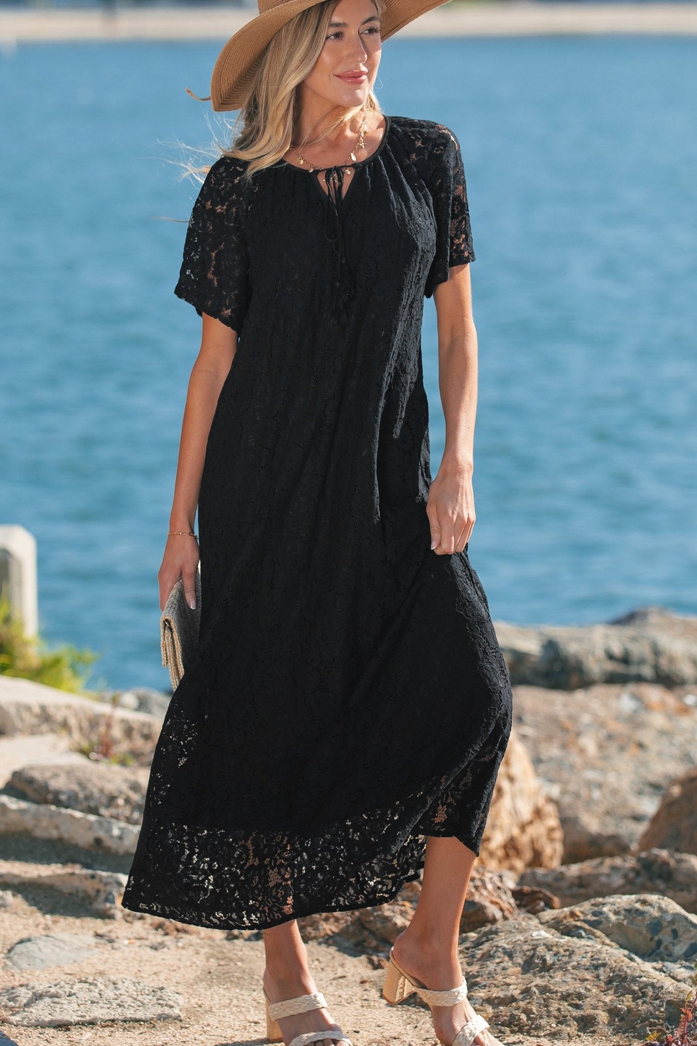Black Floral Lace Overlay Tassel Tie Short Sleeve Beach Vacation Loose Maxi Dress - Crowned Energy CO.
