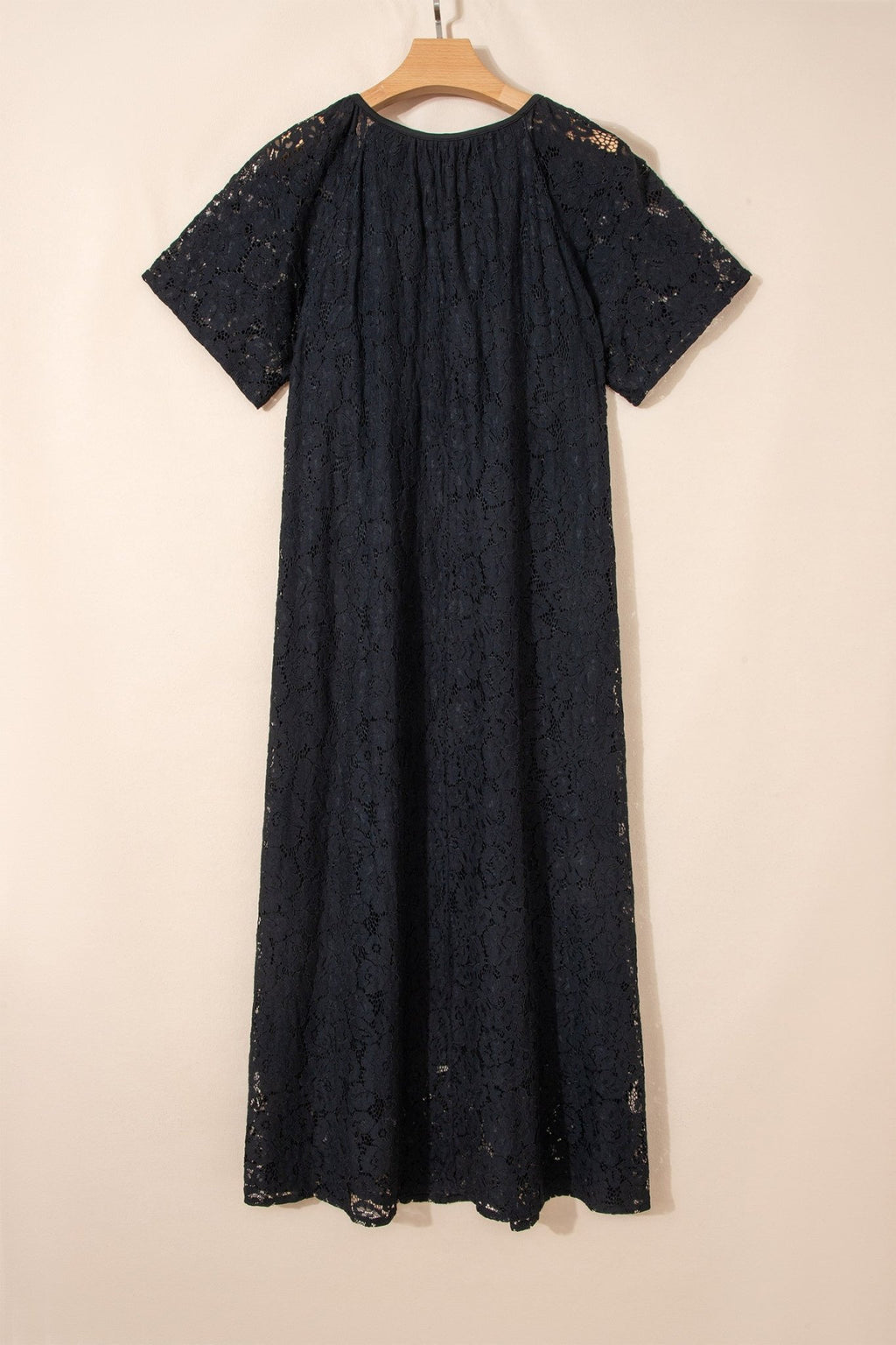 Black Floral Lace Overlay Tassel Tie Short Sleeve Beach Vacation Loose Maxi Dress - Crowned Energy CO.