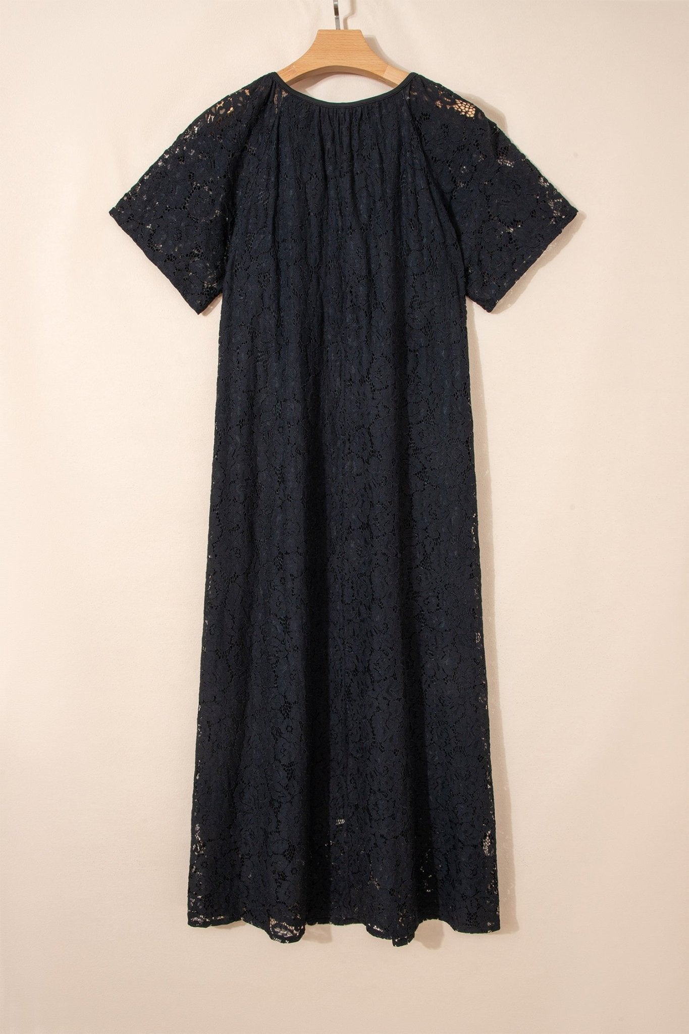 Black Floral Lace Overlay Tassel Tie Short Sleeve Beach Vacation Loose Maxi Dress - Crowned Energy CO.