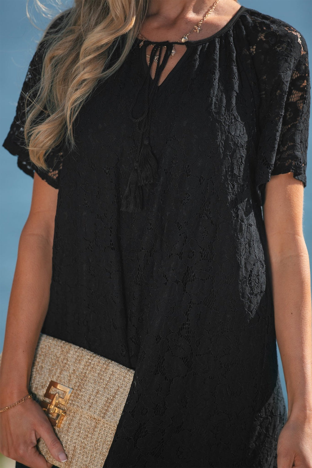Black Floral Lace Overlay Tassel Tie Short Sleeve Beach Vacation Loose Maxi Dress - Crowned Energy CO.