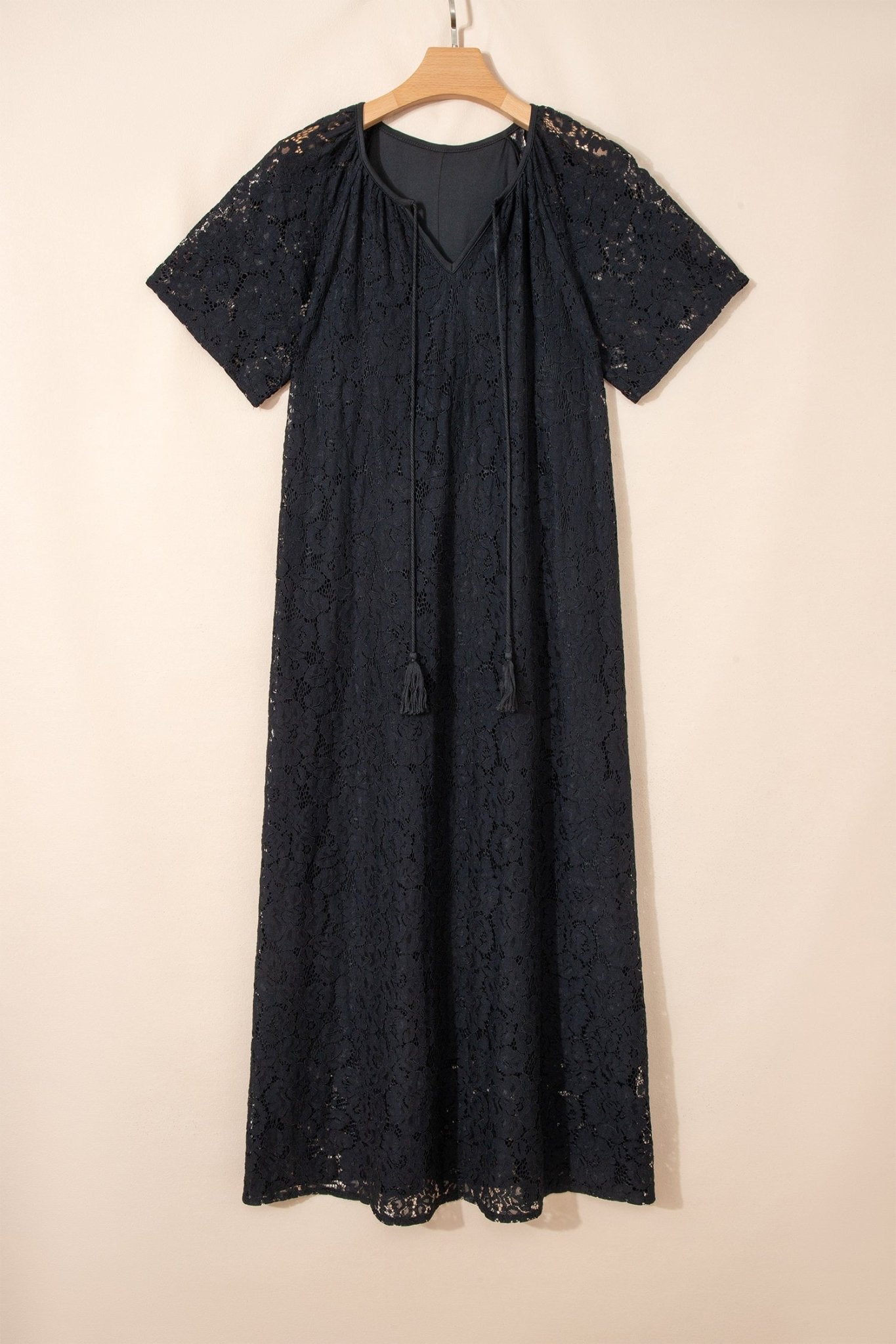 Black Floral Lace Overlay Tassel Tie Short Sleeve Beach Vacation Loose Maxi Dress - Crowned Energy CO.