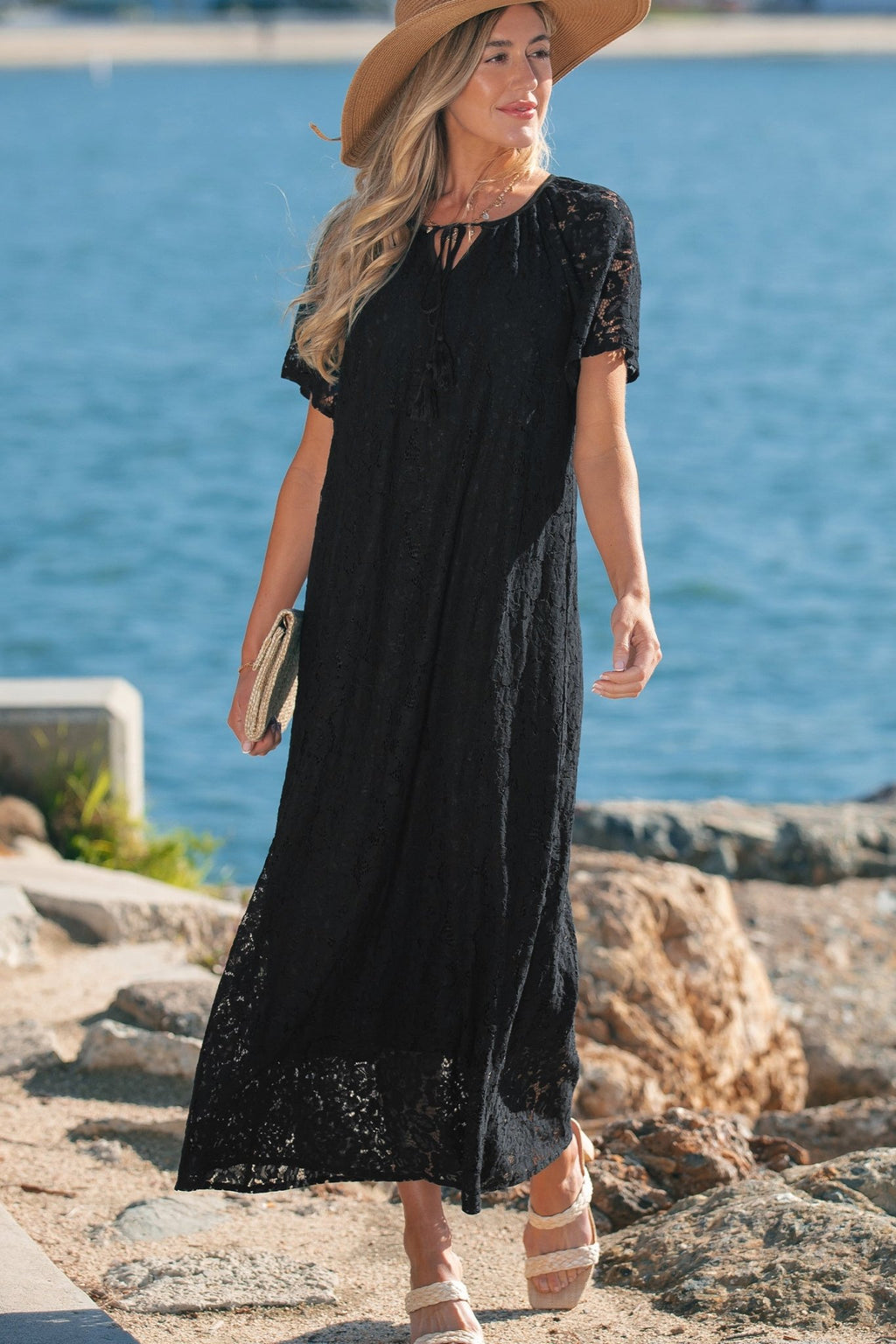 Black Floral Lace Overlay Tassel Tie Short Sleeve Beach Vacation Loose Maxi Dress - Crowned Energy CO.