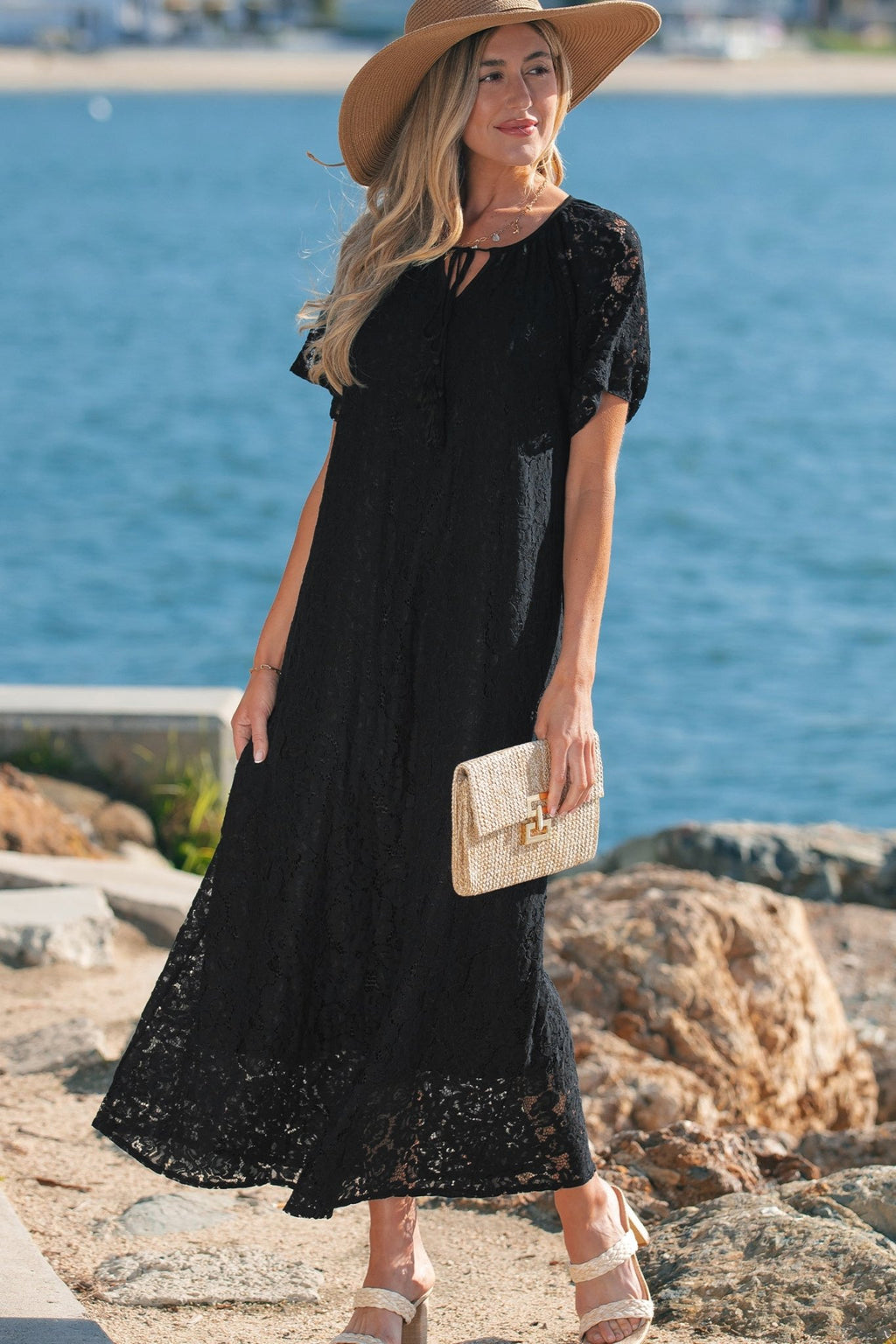 Black Floral Lace Overlay Tassel Tie Short Sleeve Beach Vacation Loose Maxi Dress - Crowned Energy CO.