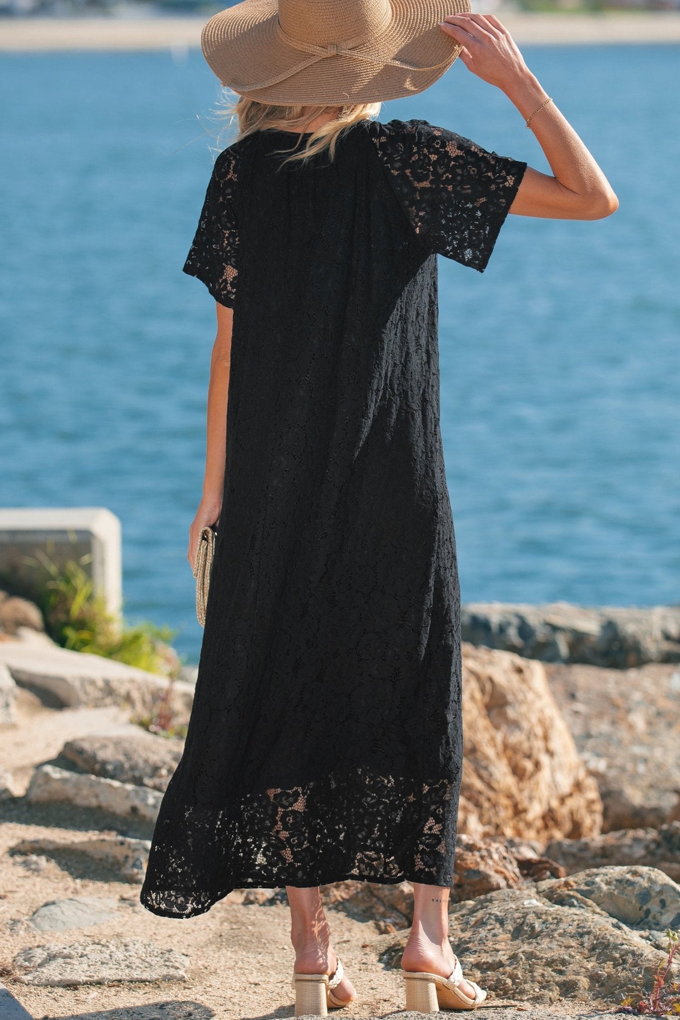 Black Floral Lace Overlay Tassel Tie Short Sleeve Beach Vacation Loose Maxi Dress - Crowned Energy CO.