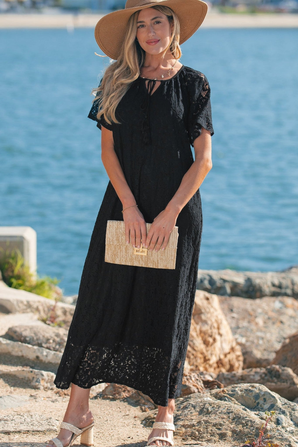 Black Floral Lace Overlay Tassel Tie Short Sleeve Beach Vacation Loose Maxi Dress - Crowned Energy CO.