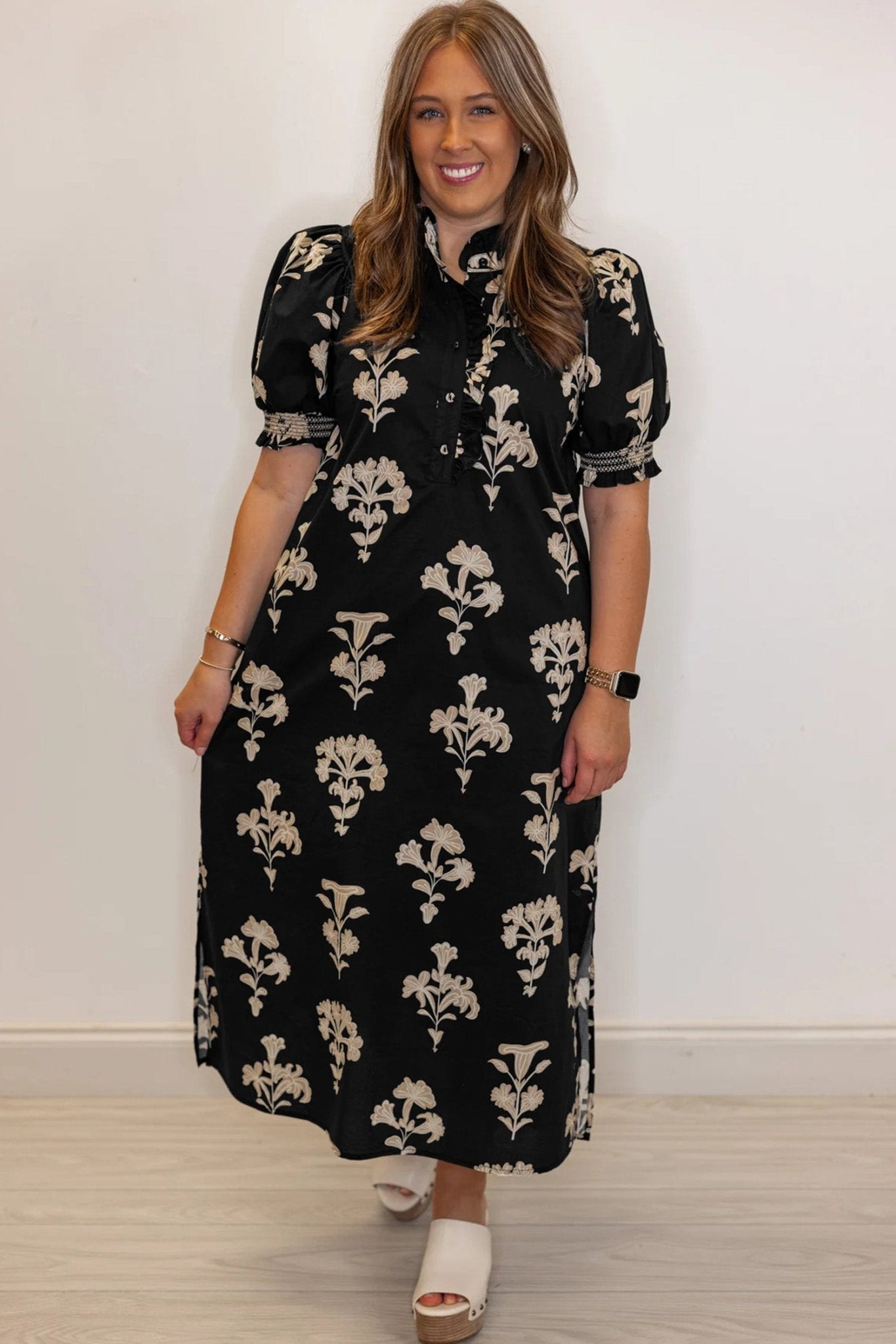 Black Floral Print Frilled Collar Short Puff Sleeve Plus Size Maxi Dress - Crowned Energy CO.