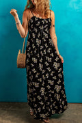 Black Floral Spaghetti Strap Shirred Bodice Tied Empire Waist Maxi Dress - Crowned Energy CO.