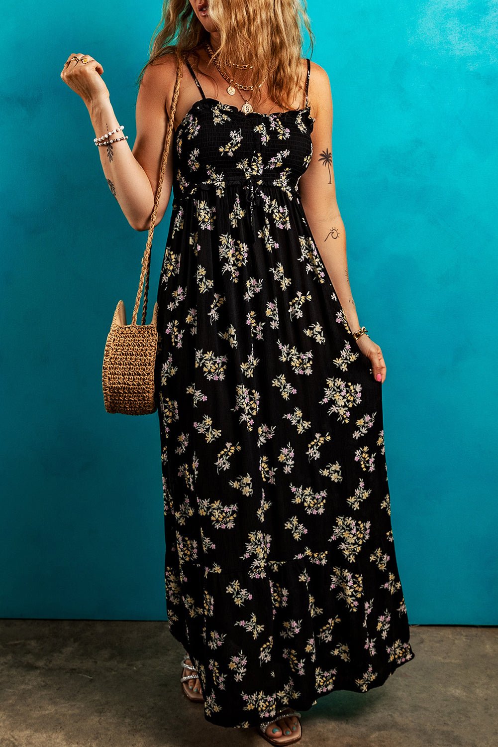 Black Floral Spaghetti Strap Shirred Bodice Tied Empire Waist Maxi Dress - Crowned Energy CO.