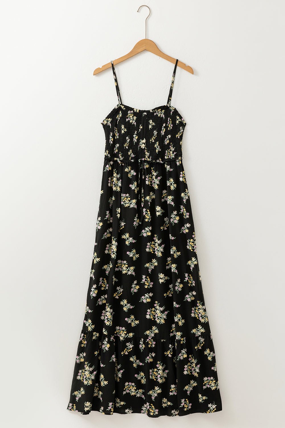 Black Floral Spaghetti Strap Shirred Bodice Tied Empire Waist Maxi Dress - Crowned Energy CO.