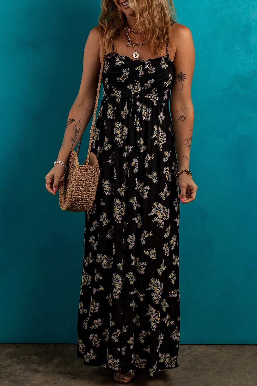 Black Floral Spaghetti Strap Shirred Bodice Tied Empire Waist Maxi Dress - Crowned Energy CO.