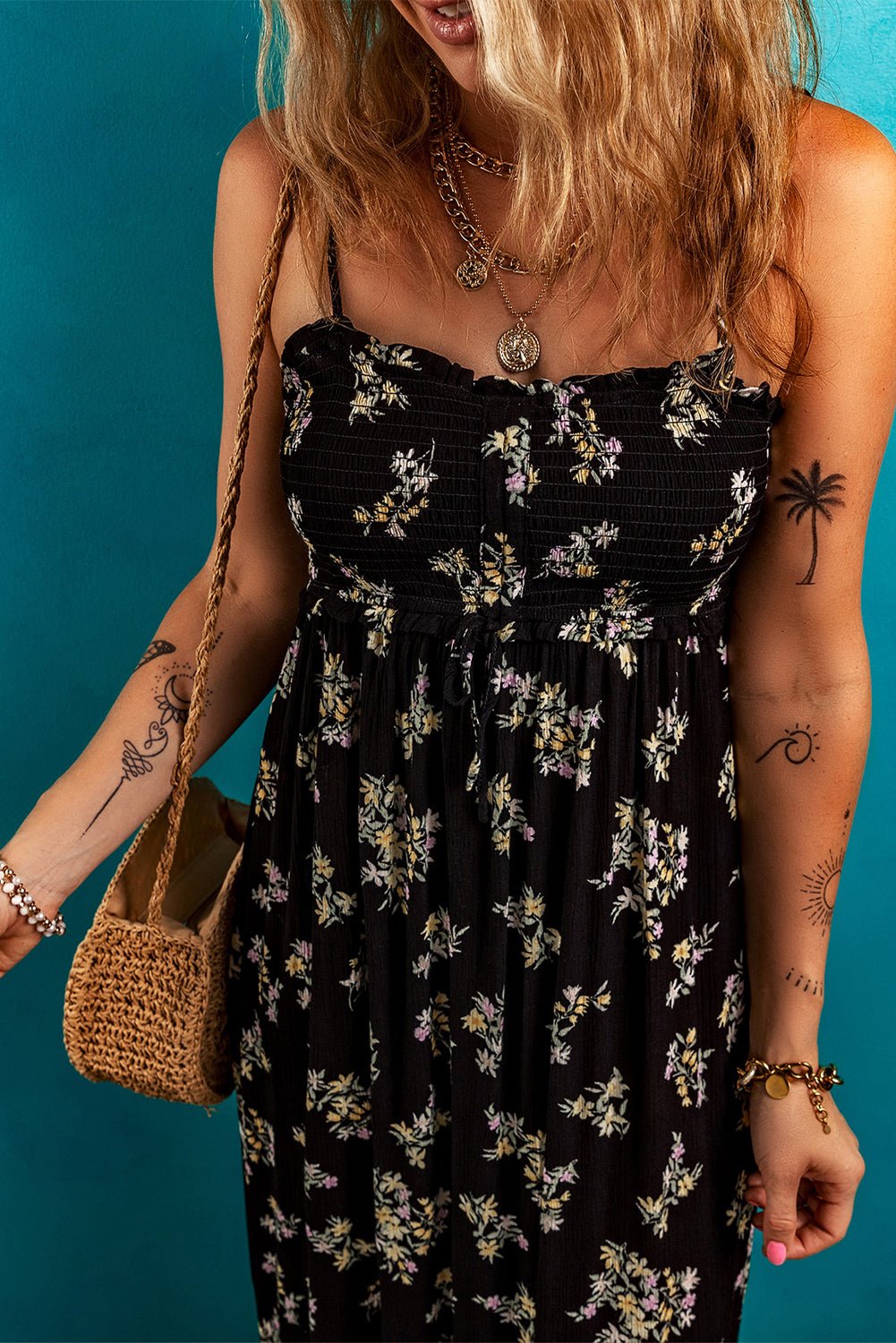 Black Floral Spaghetti Strap Shirred Bodice Tied Empire Waist Maxi Dress - Crowned Energy CO.