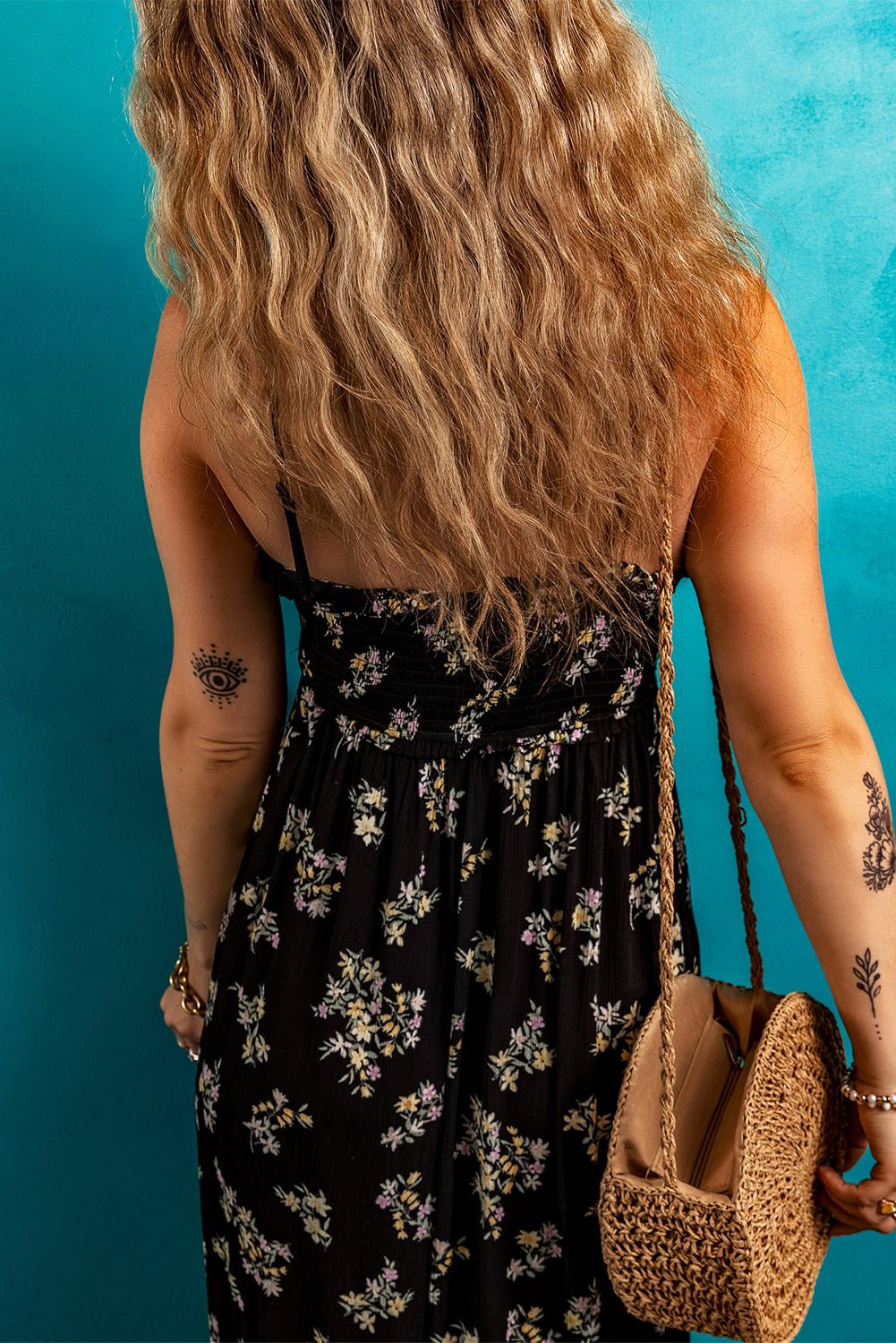 Black Floral Spaghetti Strap Shirred Bodice Tied Empire Waist Maxi Dress - Crowned Energy CO.