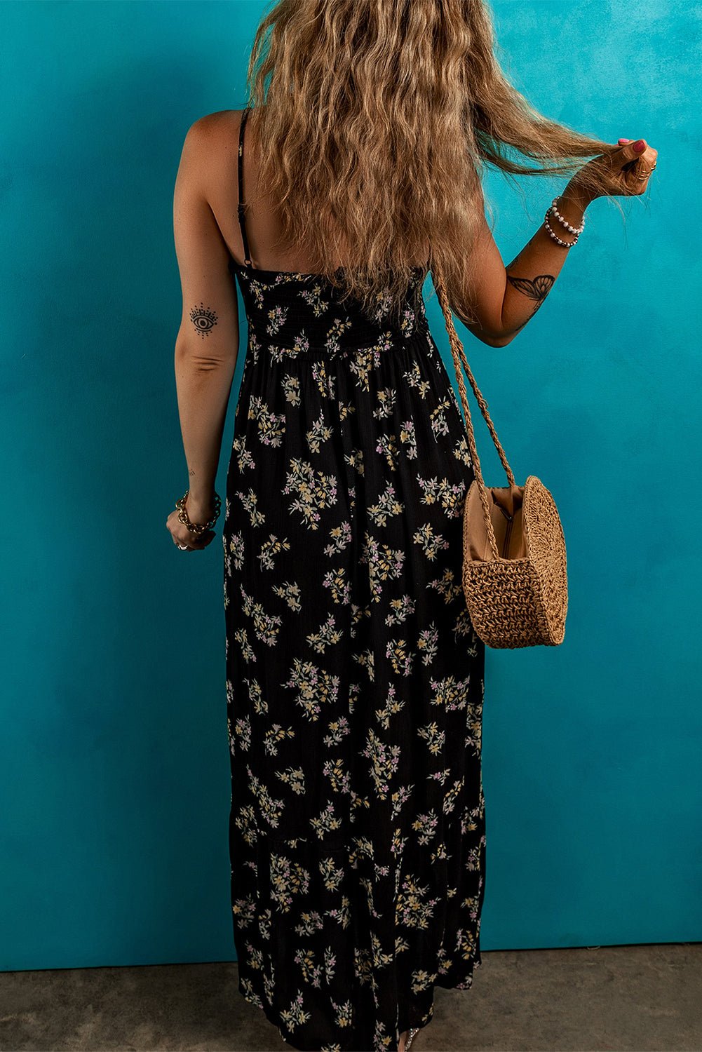 Black Floral Spaghetti Strap Shirred Bodice Tied Empire Waist Maxi Dress - Crowned Energy CO.