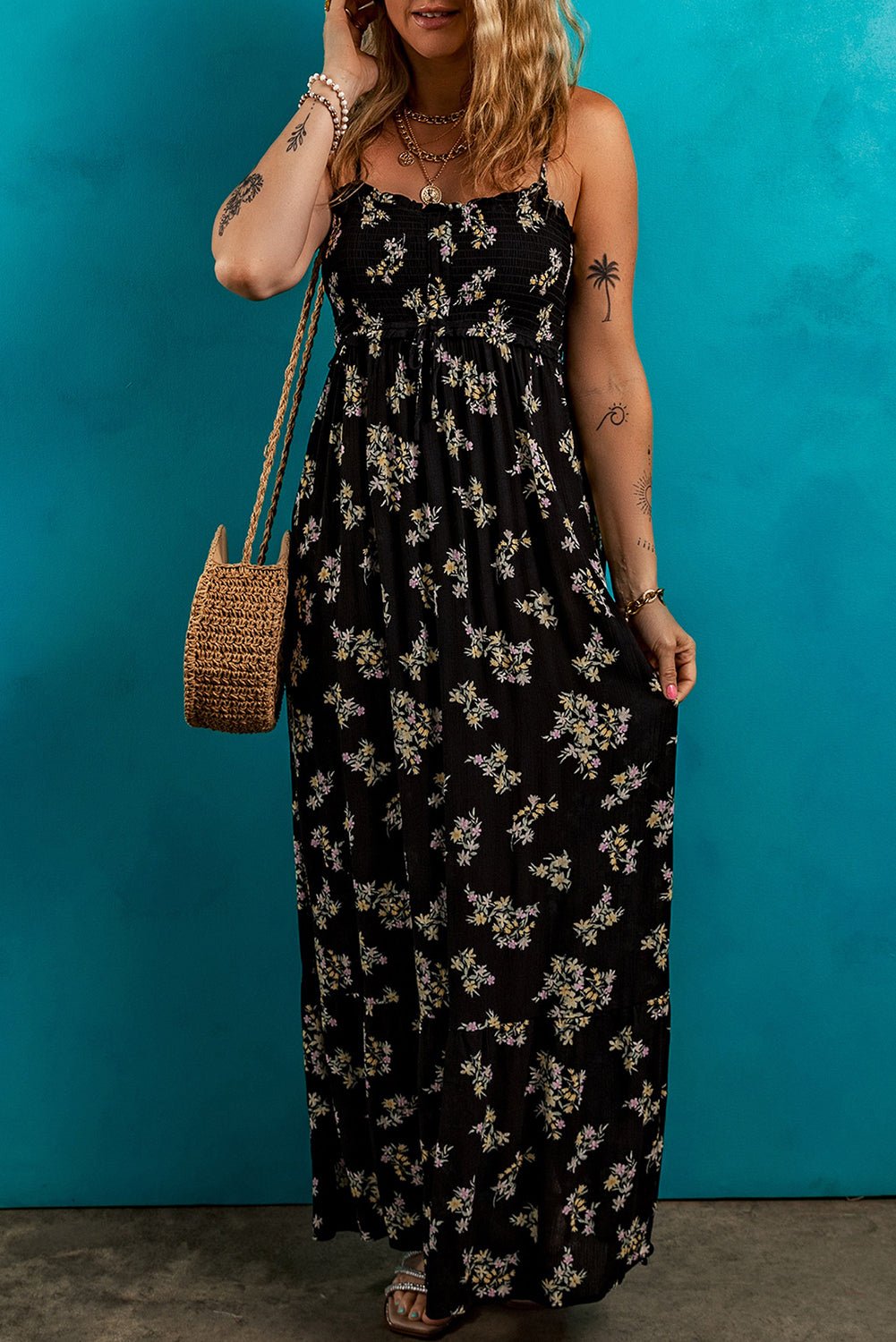 Black Floral Spaghetti Strap Shirred Bodice Tied Empire Waist Maxi Dress - Crowned Energy CO.