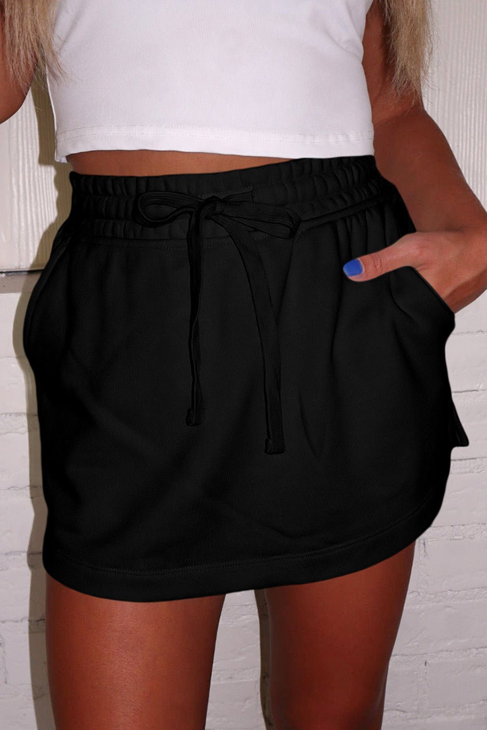 Black French Terry Drawstring Elastic Waistband Mini Skort with Pockets - Crowned Energy CO.