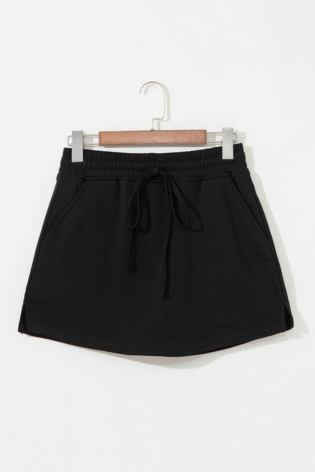 Black French Terry Drawstring Elastic Waistband Mini Skort with Pockets - Crowned Energy CO.