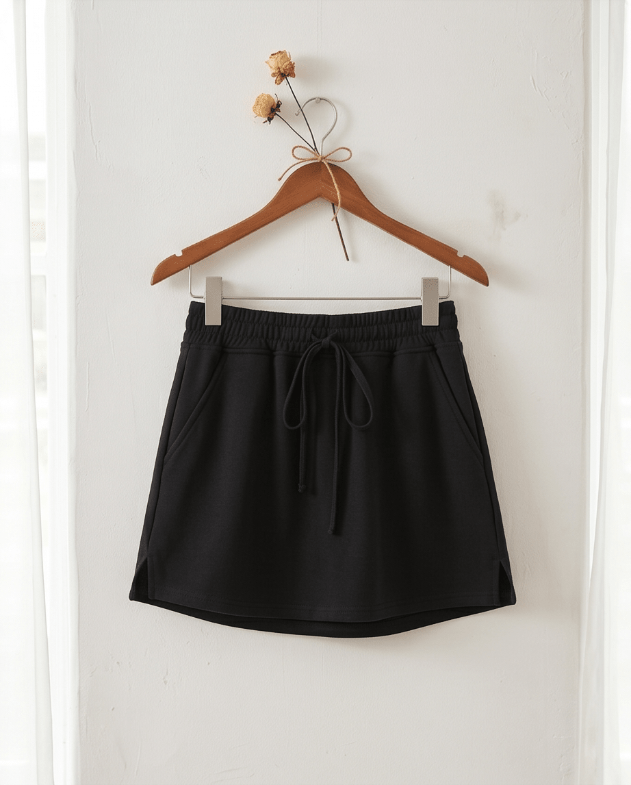 Black French Terry Drawstring Elastic Waistband Mini Skort with Pockets - Crowned Energy CO.