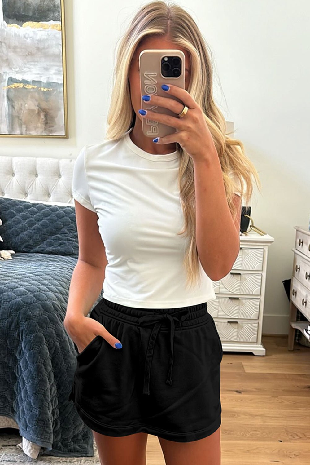 Black French Terry Drawstring Elastic Waistband Mini Skort with Pockets - Crowned Energy CO.
