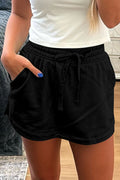 Black French Terry Drawstring Elastic Waistband Mini Skort with Pockets - Crowned Energy CO.