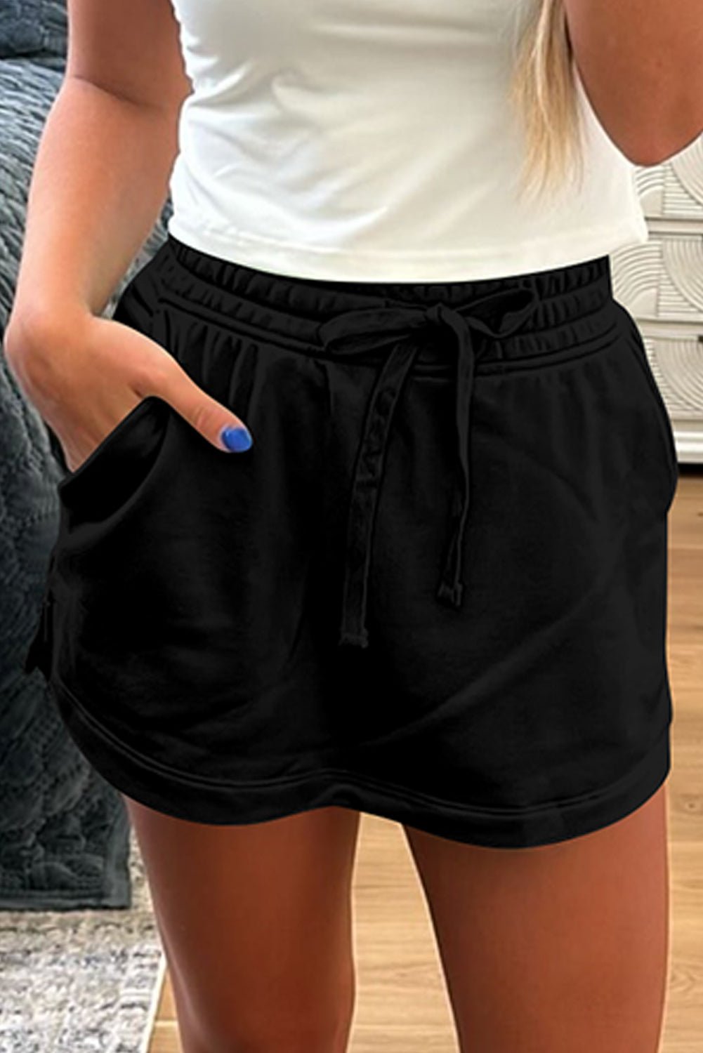 Black French Terry Drawstring Elastic Waistband Mini Skort with Pockets - Crowned Energy CO.