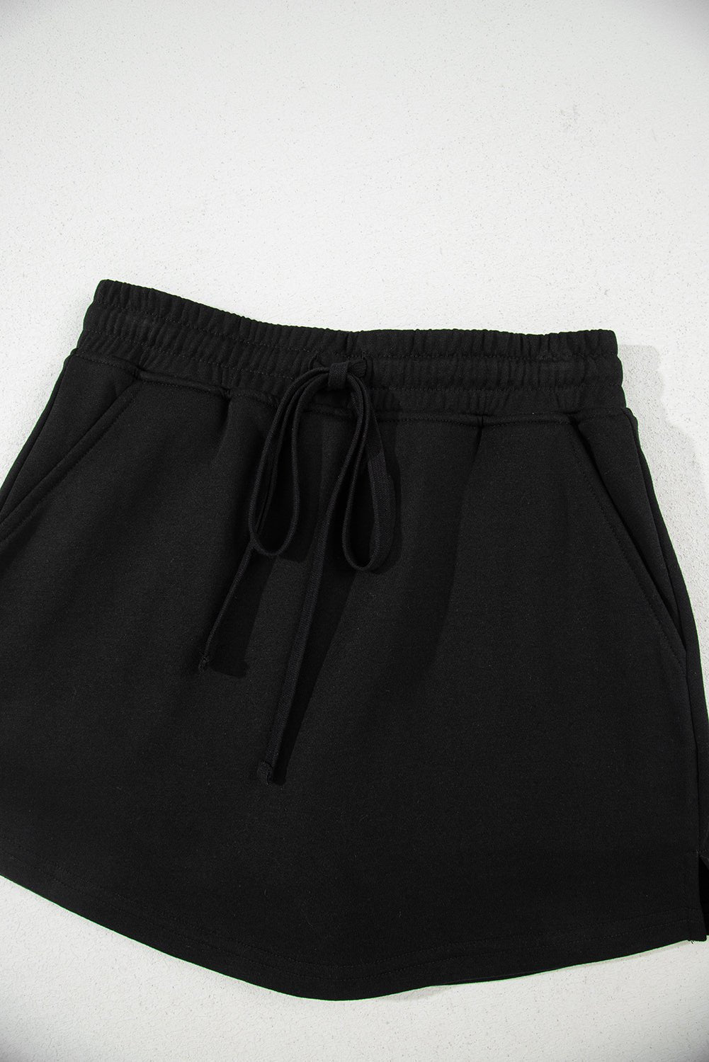 Black French Terry Drawstring Elastic Waistband Mini Skort with Pockets - Crowned Energy CO.