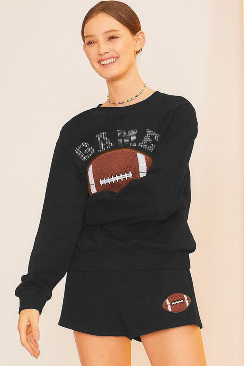 Crowned Energy CO. Black / S / 65%Polyester+35%Cotton Dear-Lover Dropshipping Two Piece Sets/Short Sets Black GAME DAY Rugby Football Graphic Pullover and Shorts Casual Outfit
