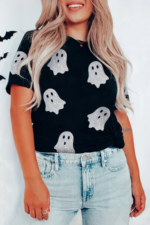 Crowned Energy CO. Black / S / 62%Polyester+32%Cotton+6%Elastane Dear-Lover Dropshipping Graphic/Graphic Tees Black Glitter Ghost Pattern Crew Neck Halloween T Shirt