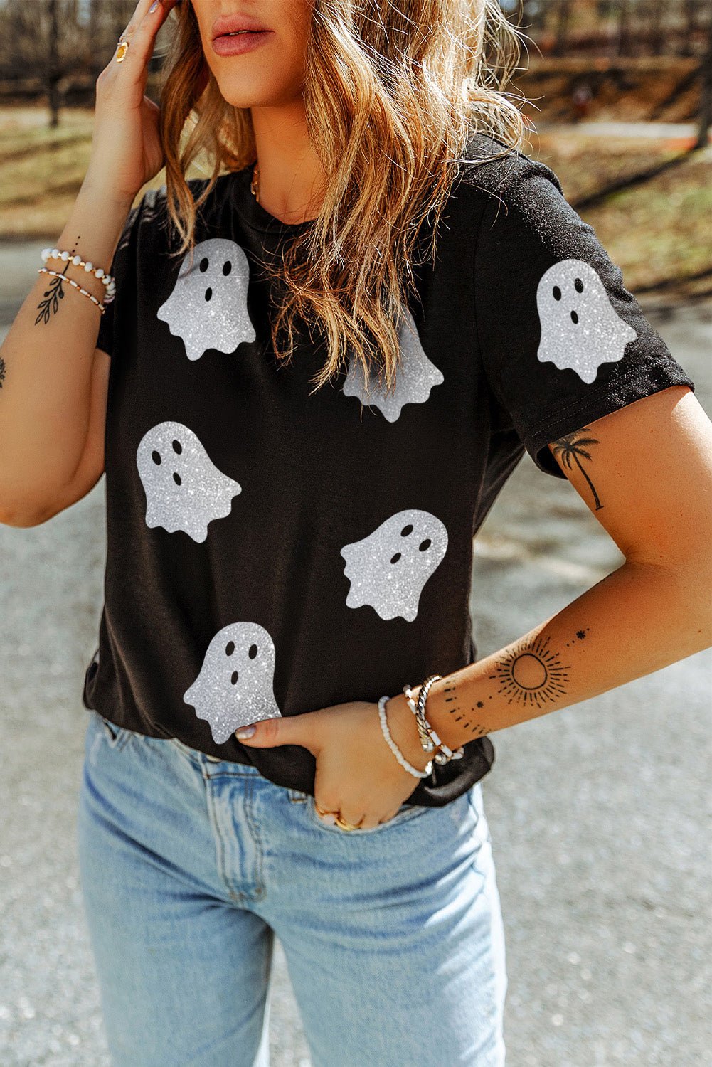 Crowned Energy CO. Black / S / 62%Polyester+32%Cotton+6%Elastane Dear-Lover Dropshipping Graphic/Graphic Tees Black Glitter Ghost Pattern Crew Neck Halloween T Shirt