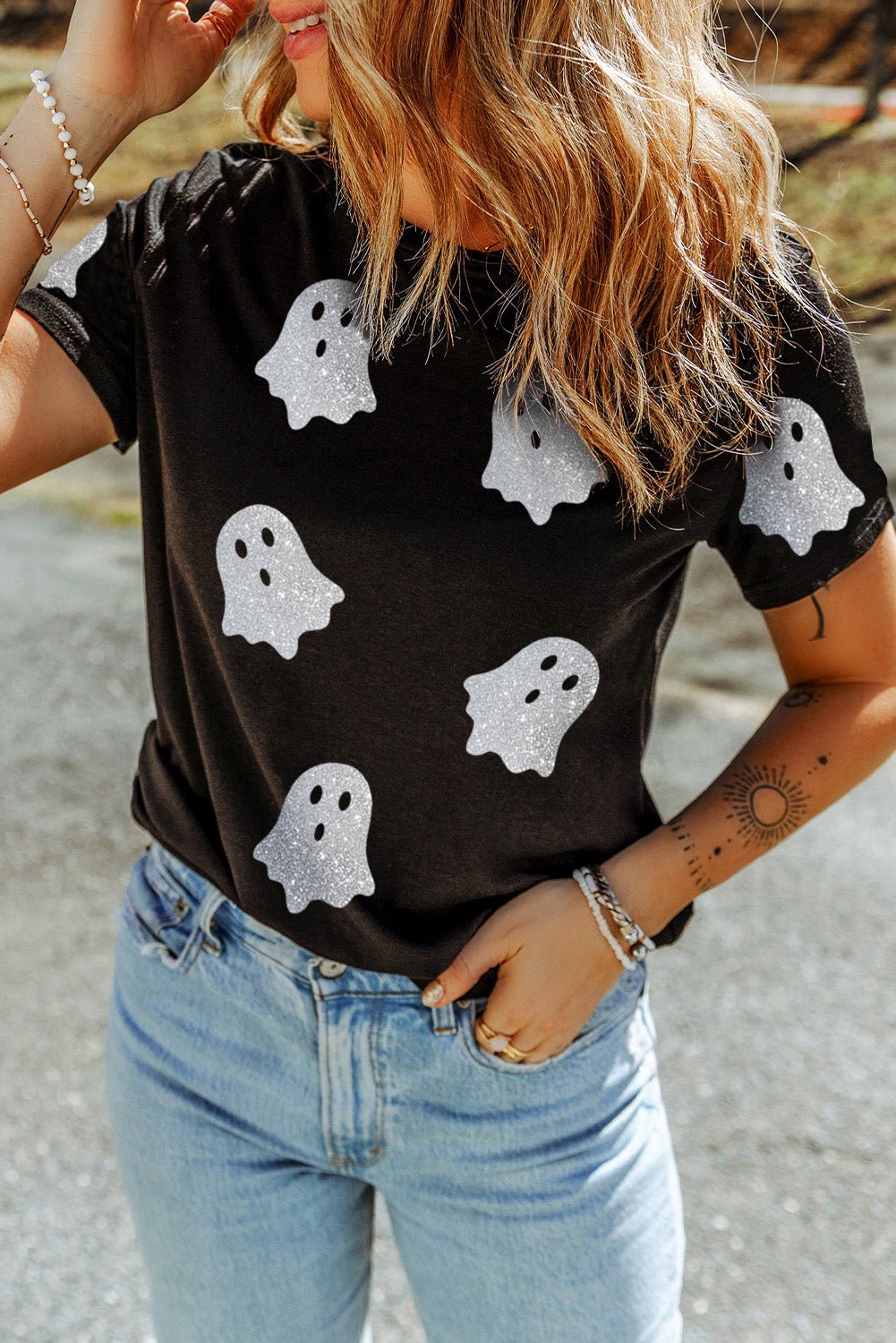 Crowned Energy CO. Black / S / 62%Polyester+32%Cotton+6%Elastane Dear-Lover Dropshipping Graphic/Graphic Tees Black Glitter Ghost Pattern Crew Neck Halloween T Shirt