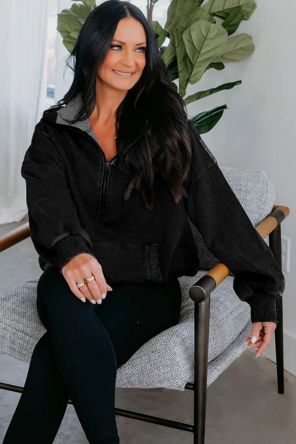 Black Half Zip Kangaroo Pocket Mineral Wash Baggy Hoodie - Crowned Energy CO.