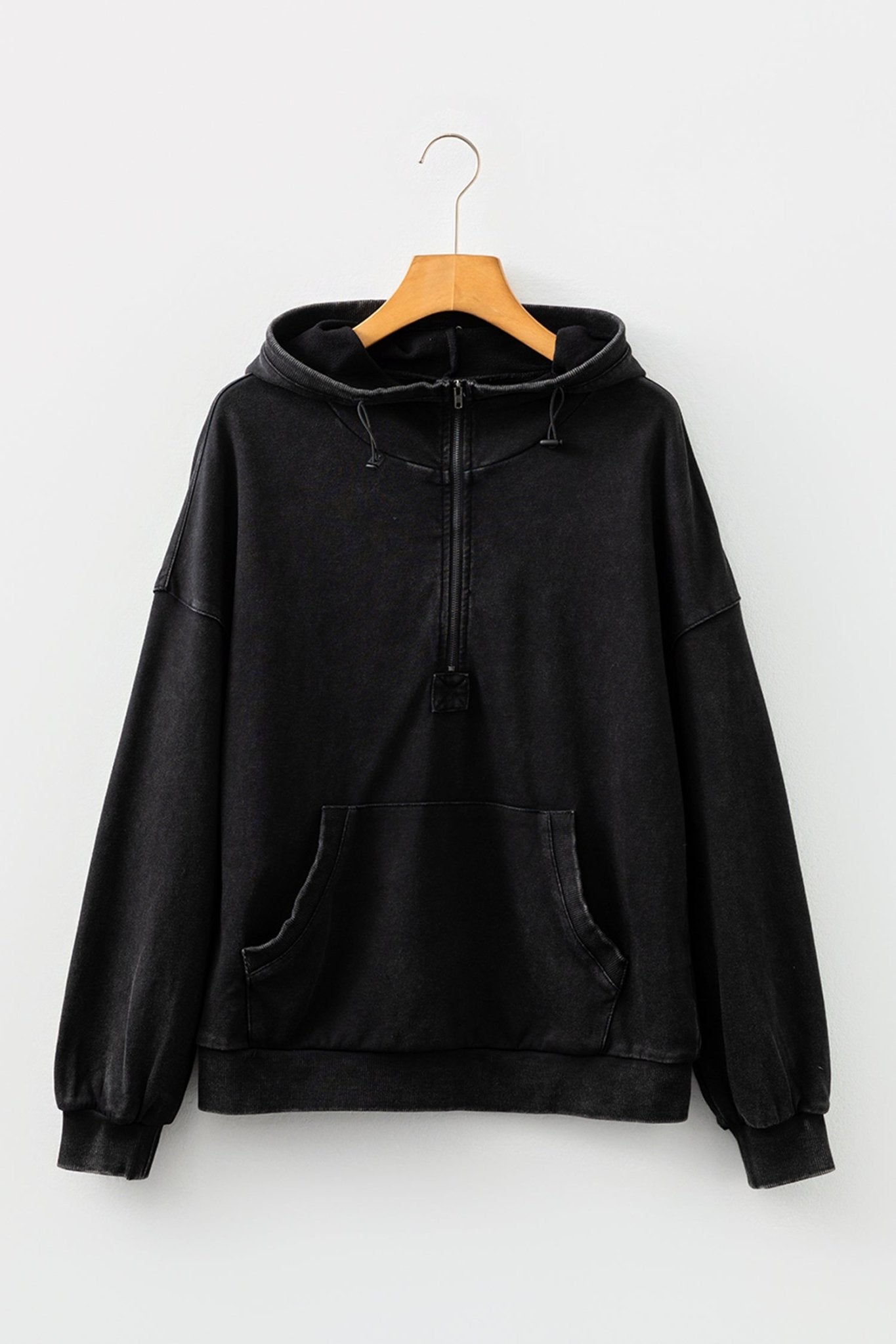 Black Half Zip Kangaroo Pocket Mineral Wash Baggy Hoodie - Crowned Energy CO.