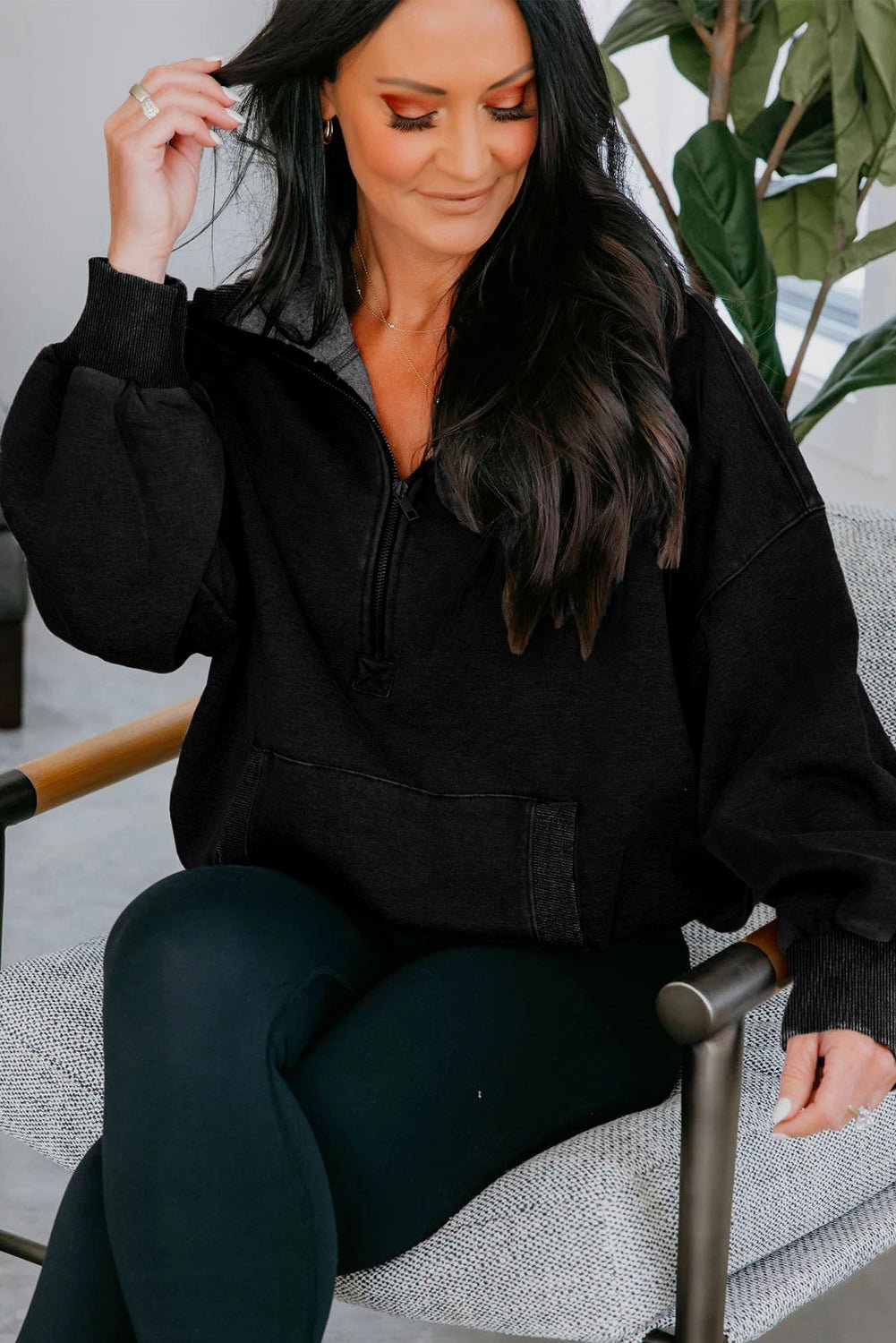 Black Half Zip Kangaroo Pocket Mineral Wash Baggy Hoodie - Crowned Energy CO.