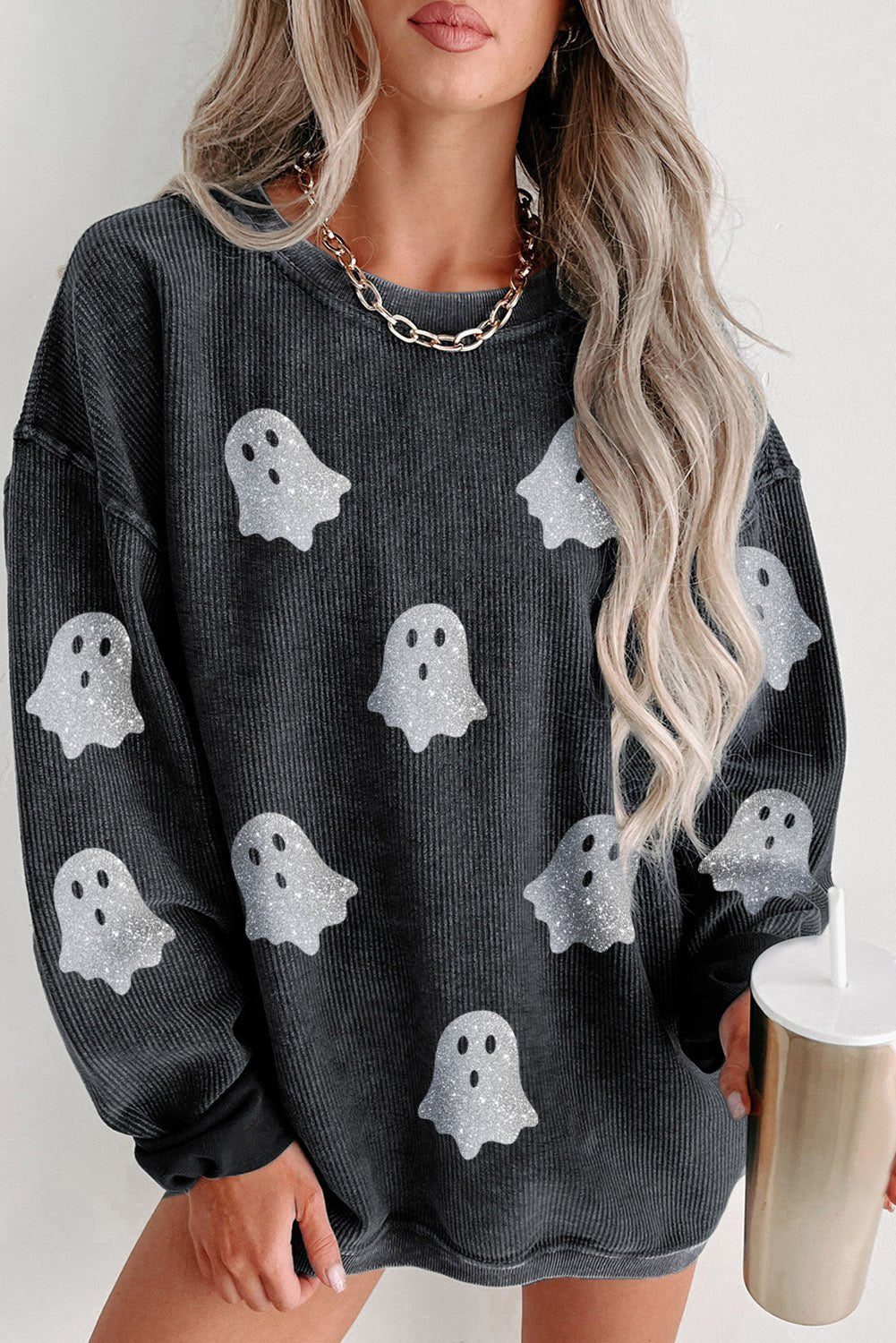 Crowned Energy CO. Black / S / 100%Polyester Dear-Lover Dropshipping Graphic/Graphic Sweatshirts Black Halloween Ghost Corded Crew Neck Loose Sweatshirt