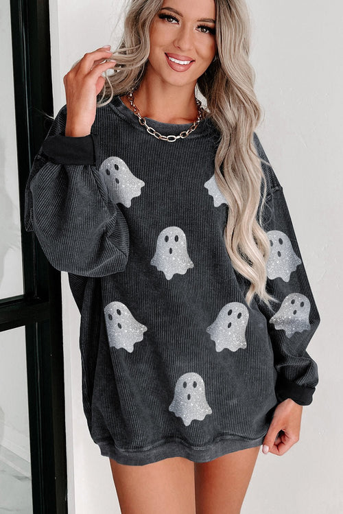 Crowned Energy CO. Black / S / 100%Polyester Dear-Lover Dropshipping Graphic/Graphic Sweatshirts Black Halloween Ghost Corded Crew Neck Loose Sweatshirt