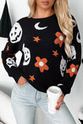Crowned Energy CO. Black / S / 52%Viscose+26%Polyester+22%Polyamide Dear-Lover Dropshipping Sweaters & Cardigans/Sweaters Black Halloween Mythical Night Pattern Drop Shoulder Sweater