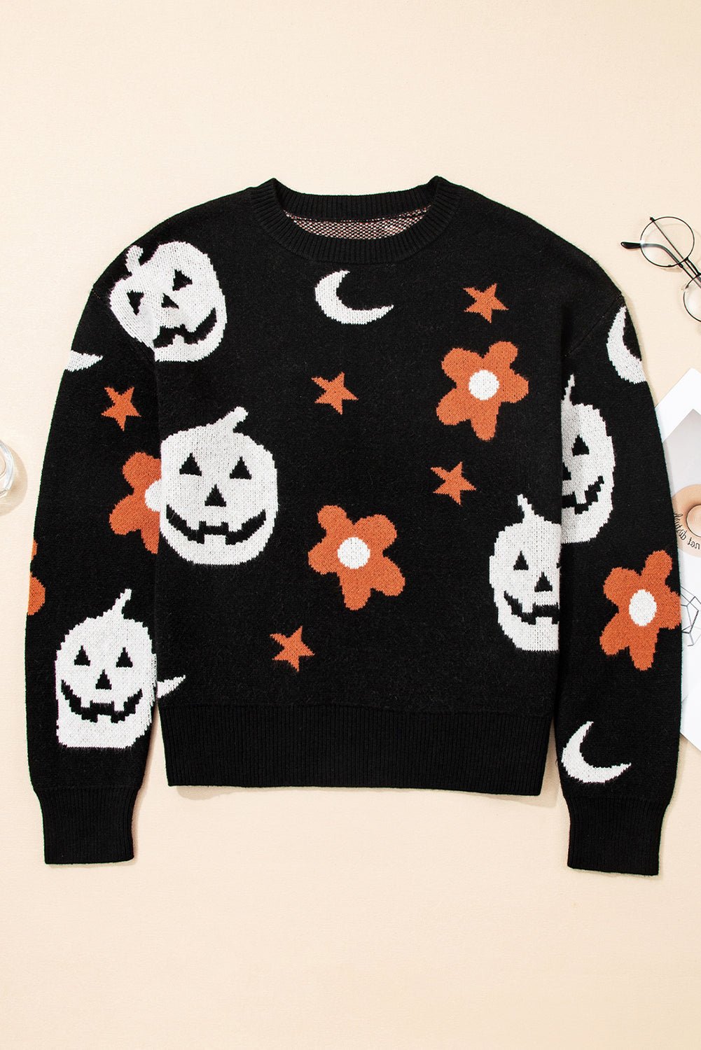 Crowned Energy CO. Black / S / 52%Viscose+26%Polyester+22%Polyamide Dear-Lover Dropshipping Sweaters & Cardigans/Sweaters Black Halloween Mythical Night Pattern Drop Shoulder Sweater