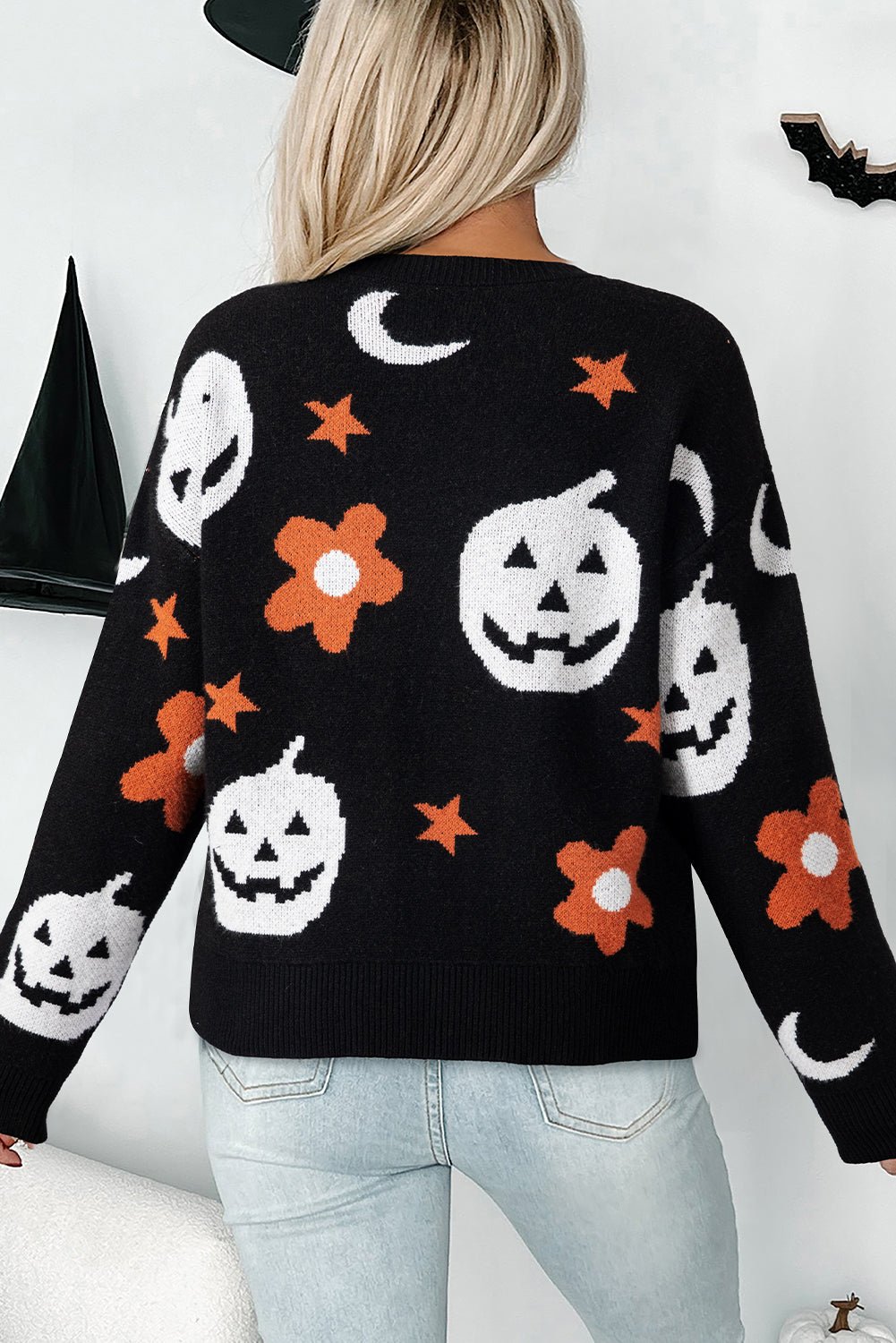 Crowned Energy CO. Black / S / 52%Viscose+26%Polyester+22%Polyamide Dear-Lover Dropshipping Sweaters & Cardigans/Sweaters Black Halloween Mythical Night Pattern Drop Shoulder Sweater