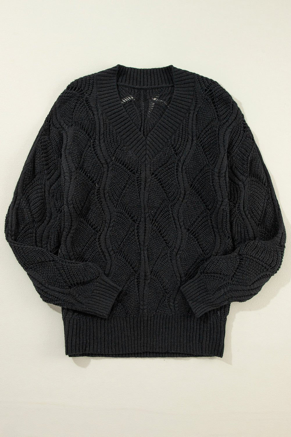 Black Hollow Out Knit V Neck Drop Shoulder Sweater - Crowned Energy CO.