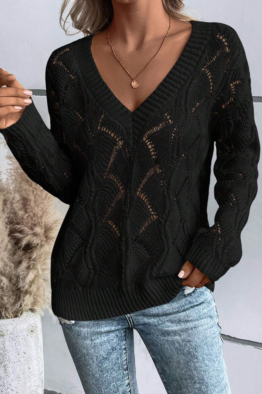 Black Hollow Out Knit V Neck Drop Shoulder Sweater - Crowned Energy CO.