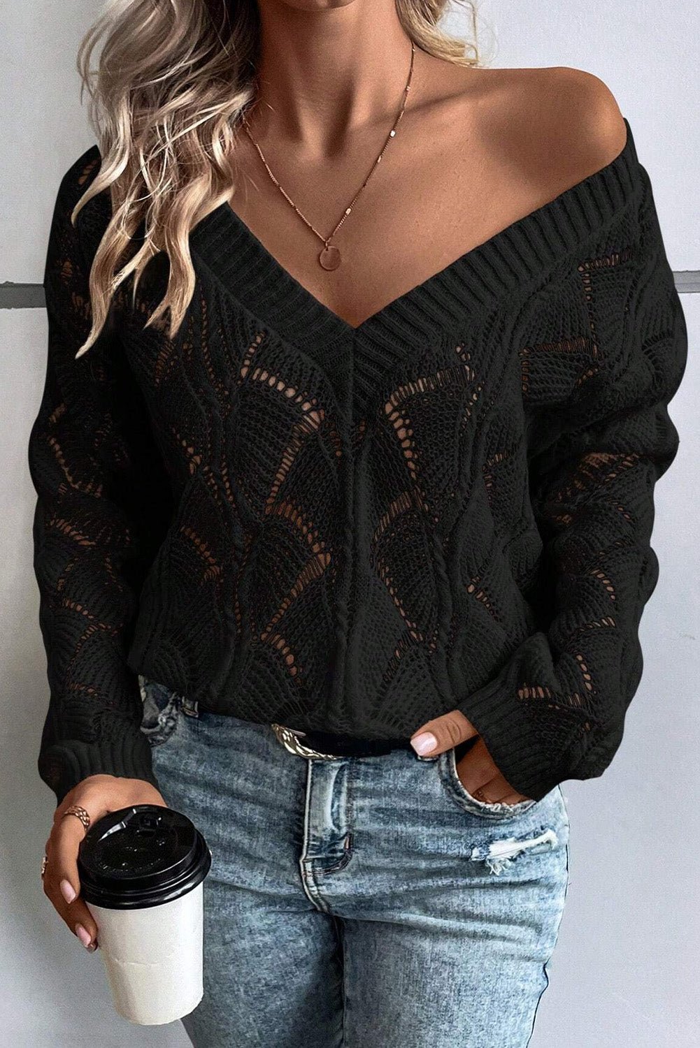 Black Hollow Out Knit V Neck Drop Shoulder Sweater - Crowned Energy CO.