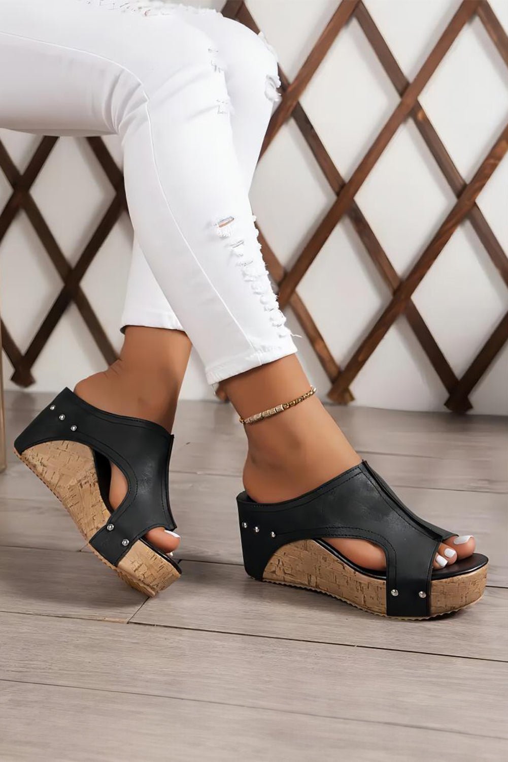 Black Hollow Out Studded PU Leather Wedge Slippers - Crowned Energy CO.