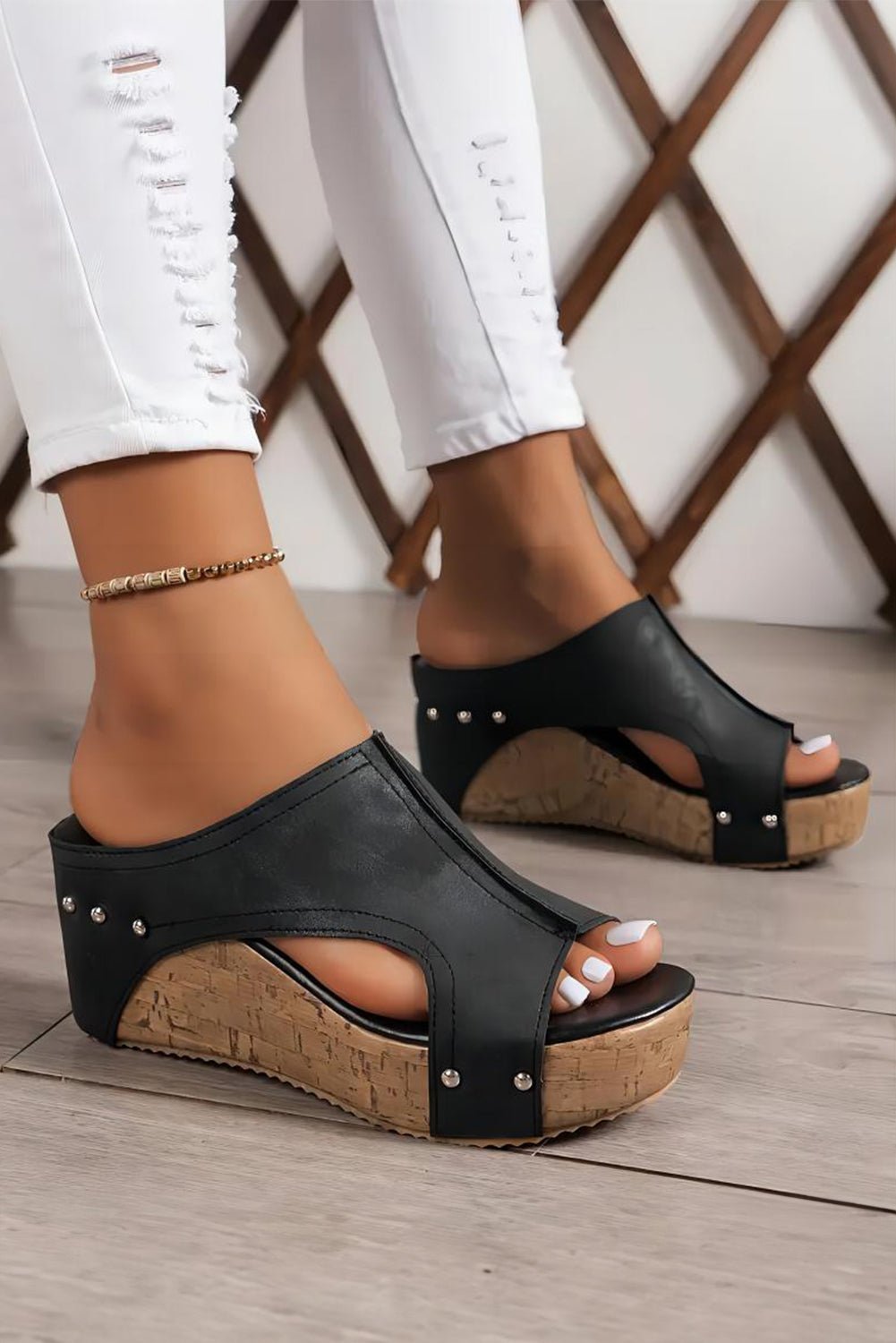 Black Hollow Out Studded PU Leather Wedge Slippers - Crowned Energy CO.