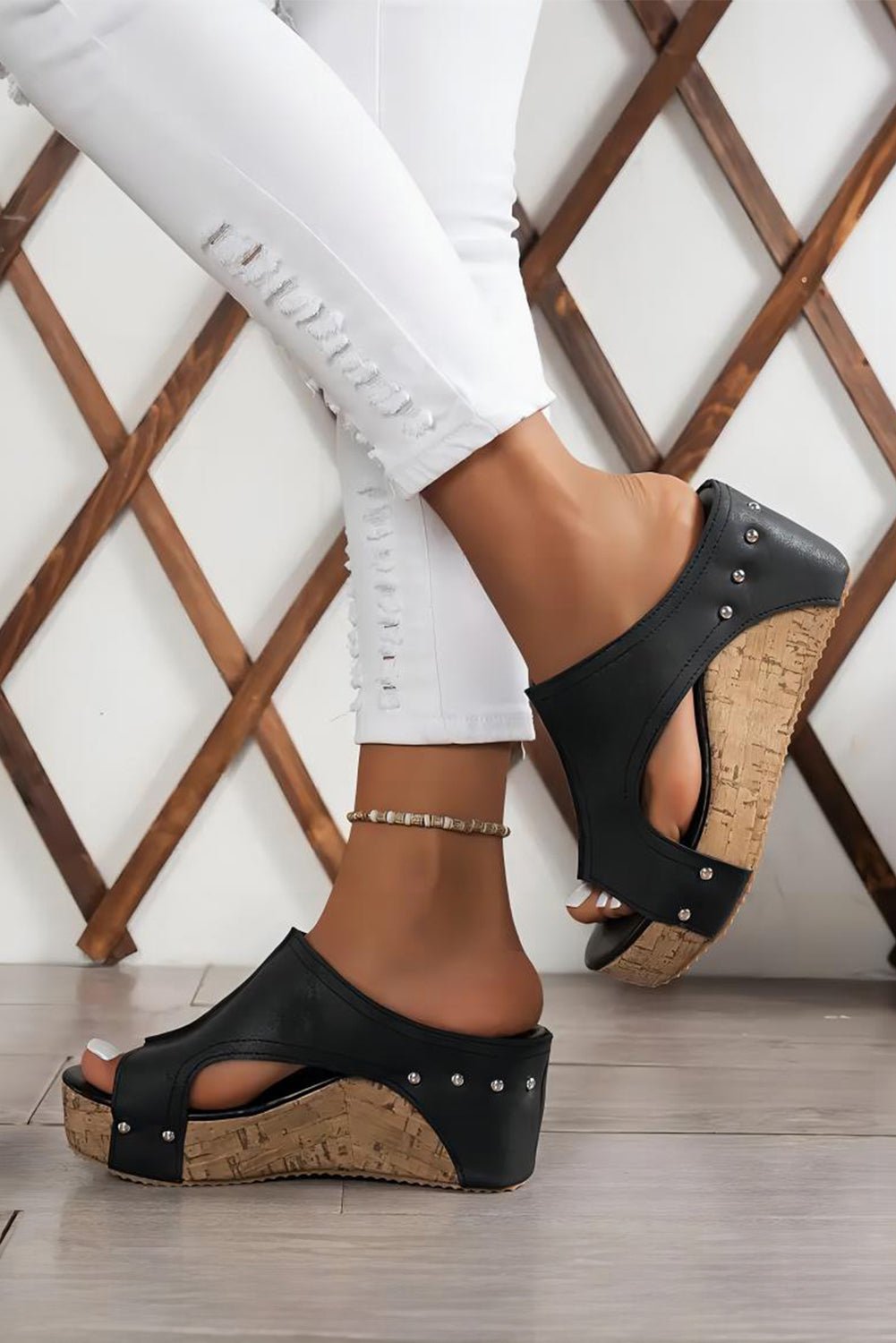 Black Hollow Out Studded PU Leather Wedge Slippers - Crowned Energy CO.
