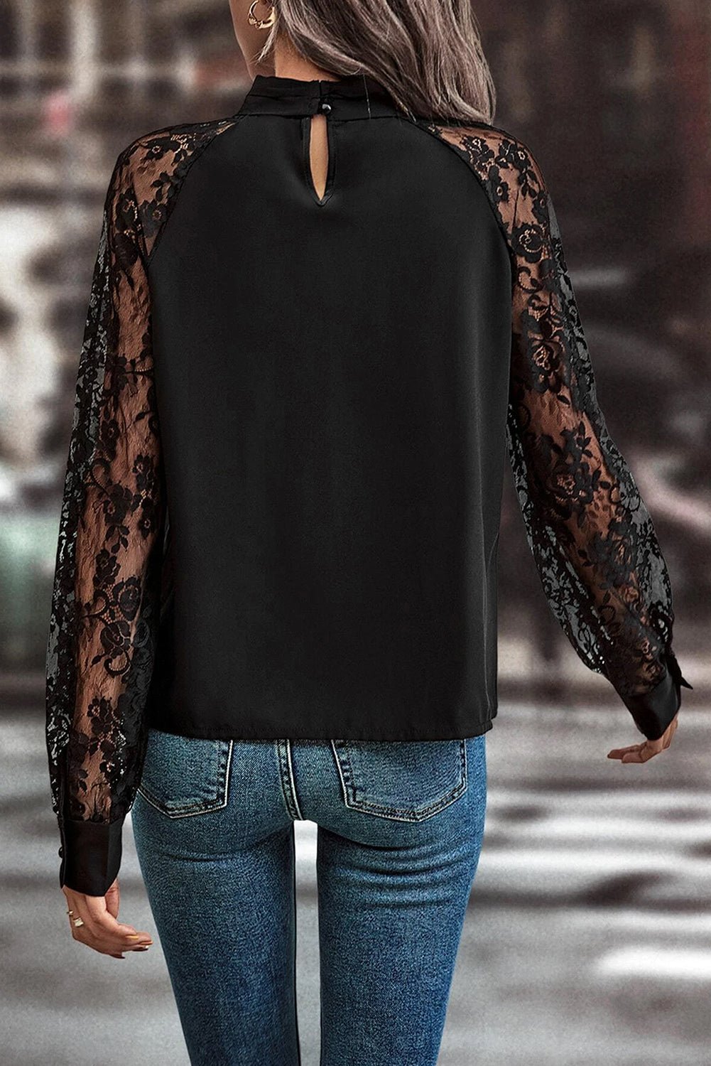 Crowned Energy CO. Black / S / 100%Polyester Dear-Lover Dropshipping Tops/Blouses & Shirts Black Keyhole Neckline Floral Lace Raglan Sleeve Blouse
